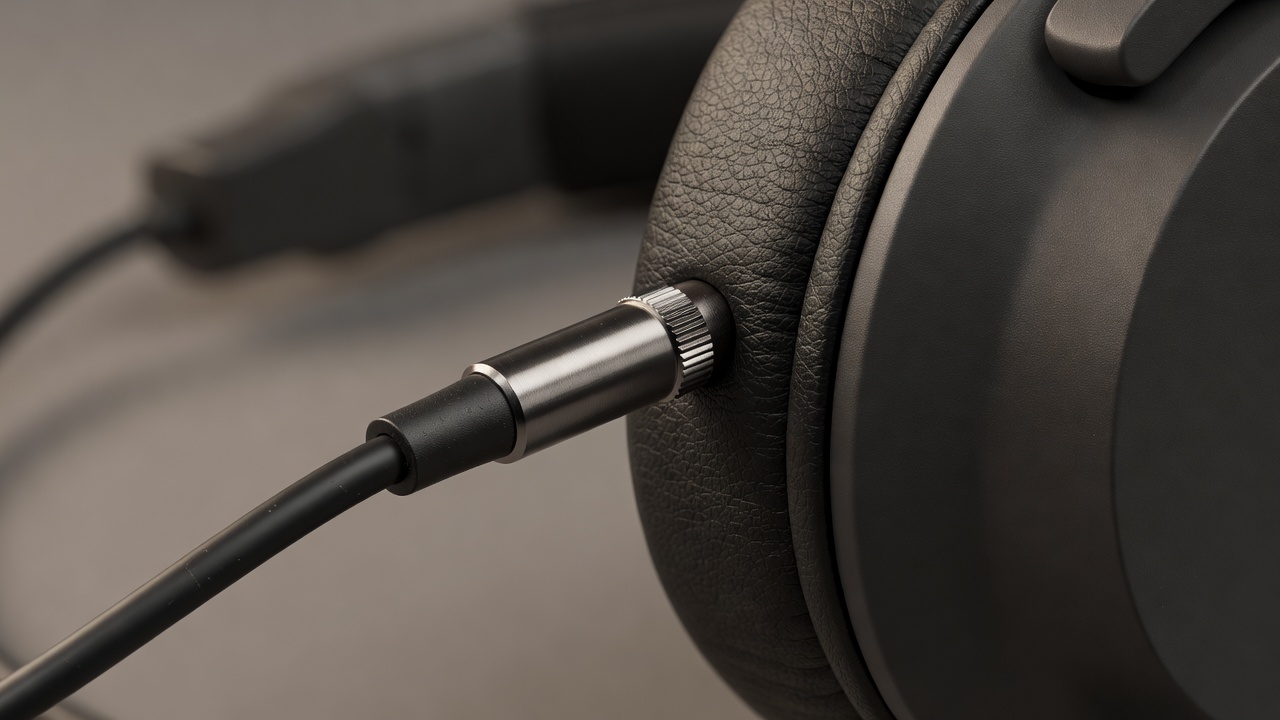 Close-up of a wired audio connector beside the padded edge of a headphone earcup