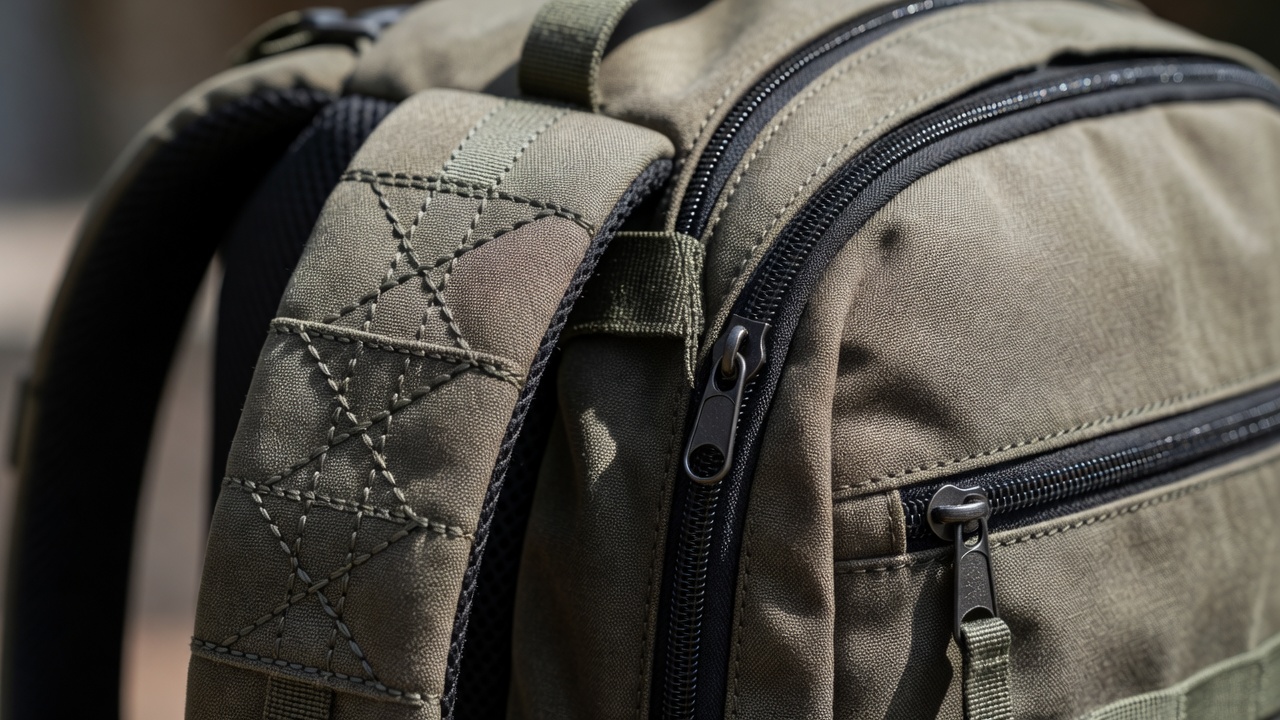 Close-up of backpack shoulder-strap stitching beside a fabric zipper opening