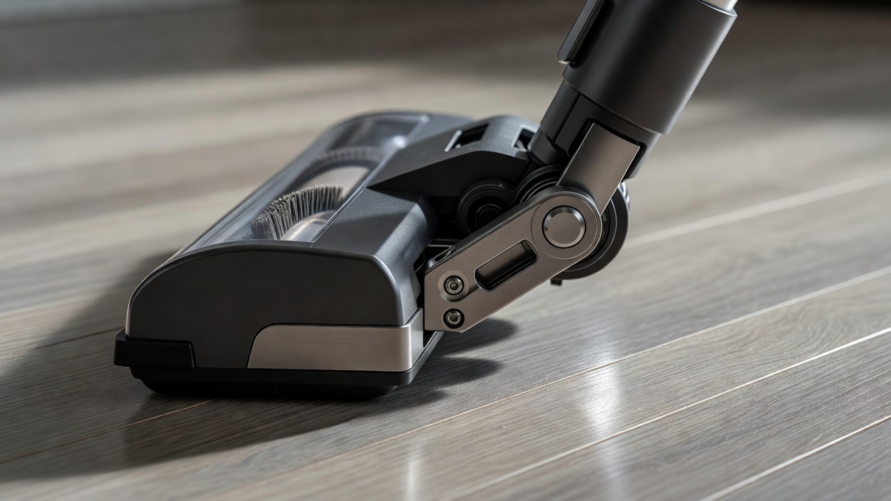 Close-up of a vacuum floor-head hinge and brush housing against a hard floor