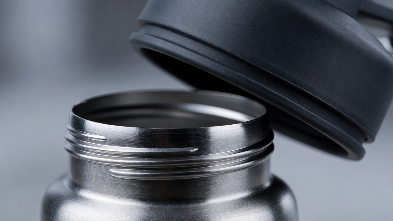 Close-up of a reusable water bottle opening, screw threads and removable lid seal